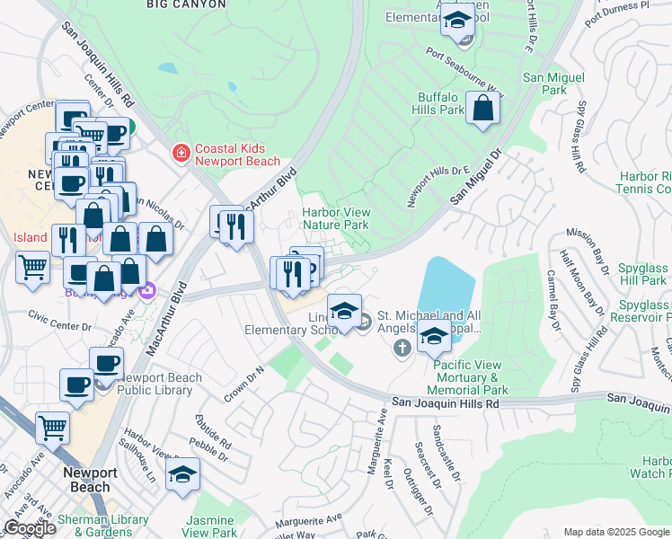 map of restaurants, bars, coffee shops, grocery stores, and more near 500 Harbor Woods Place in Newport Beach