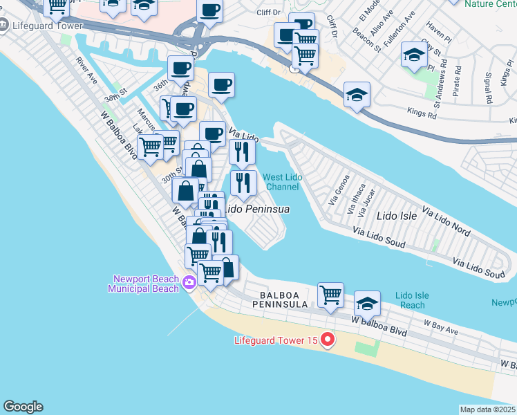 map of restaurants, bars, coffee shops, grocery stores, and more near 9 Bolivar Street in Newport Beach