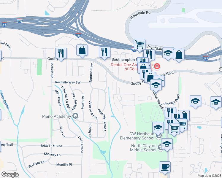 map of restaurants, bars, coffee shops, grocery stores, and more near 5215 Hanover Street in Atlanta