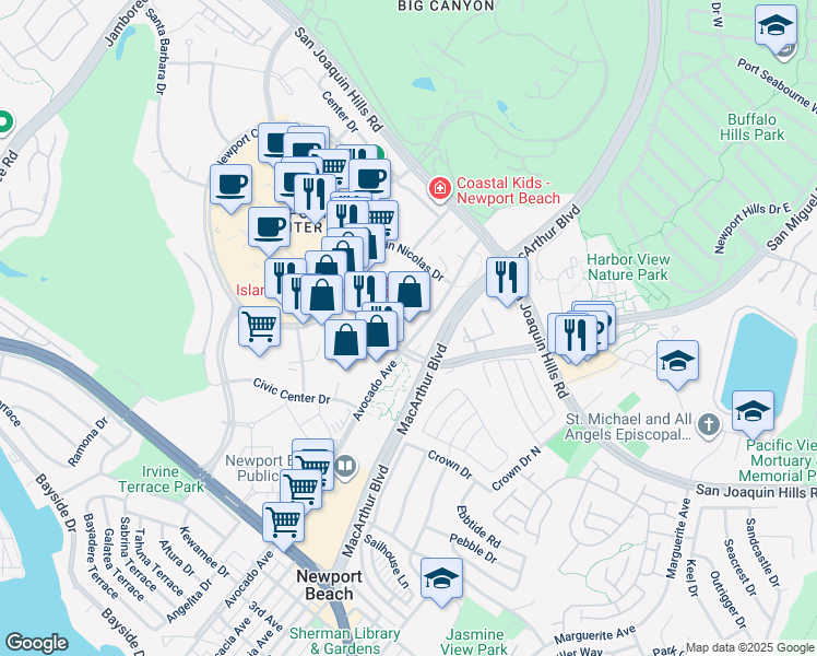 map of restaurants, bars, coffee shops, grocery stores, and more near 100 Civic Center Drive in Newport Beach