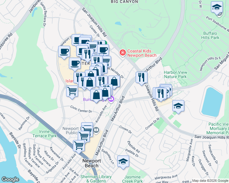 map of restaurants, bars, coffee shops, grocery stores, and more near 1401 Avocado Avenue in Newport Beach