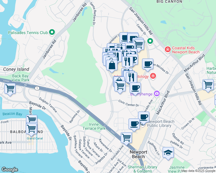 map of restaurants, bars, coffee shops, grocery stores, and more near 1120 Granville Drive in Newport Beach