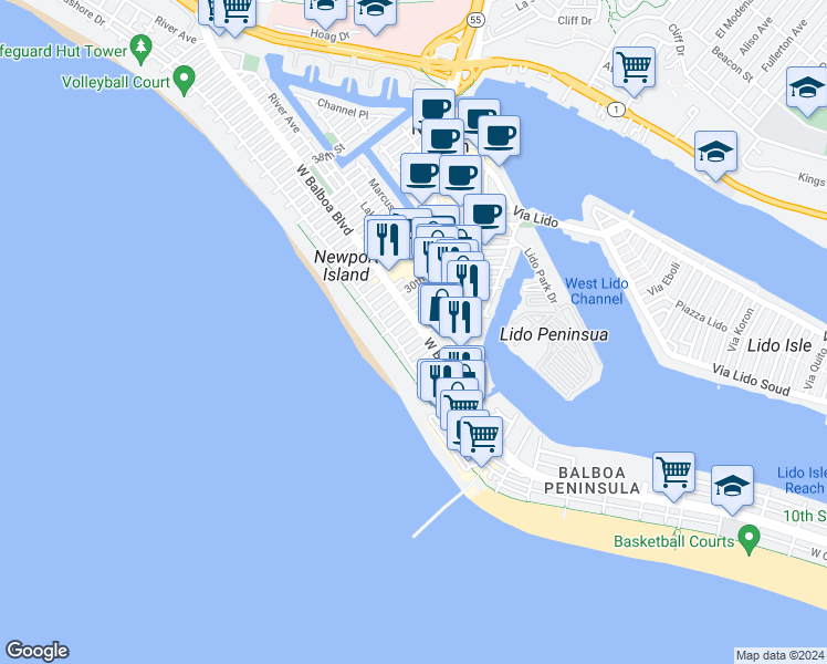 map of restaurants, bars, coffee shops, grocery stores, and more near 123 28th Street in Newport Beach