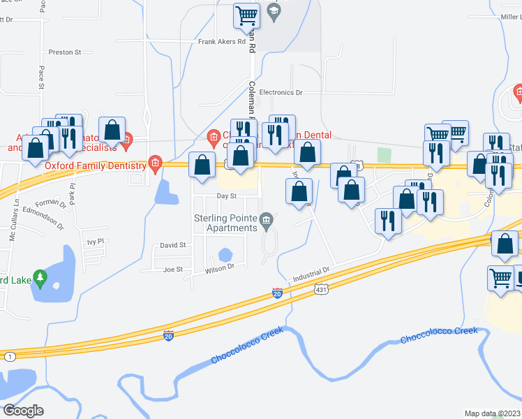 map of restaurants, bars, coffee shops, grocery stores, and more near Sterling Pointe Lane in Oxford