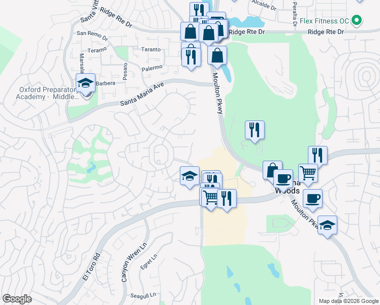 map of restaurants, bars, coffee shops, grocery stores, and more near 3032 Via Vista in Laguna Woods