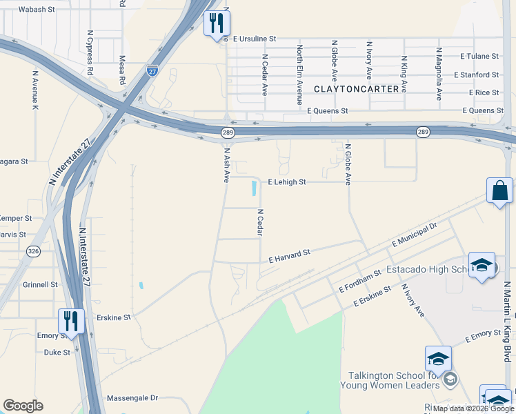 map of restaurants, bars, coffee shops, grocery stores, and more near North Cedar in Lubbock