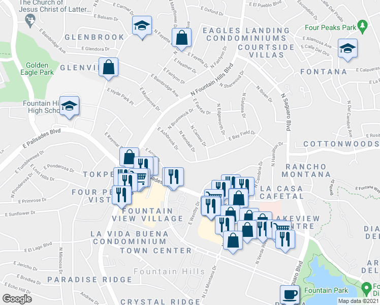 map of restaurants, bars, coffee shops, grocery stores, and more near 16512 East Ashbrook Drive in Fountain Hills