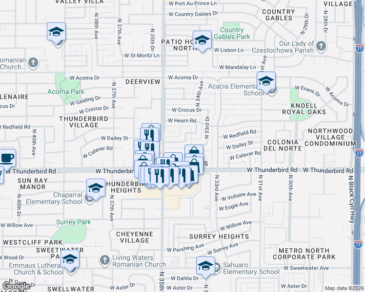 map of restaurants, bars, coffee shops, grocery stores, and more near 3432 West Calavar Road in Phoenix