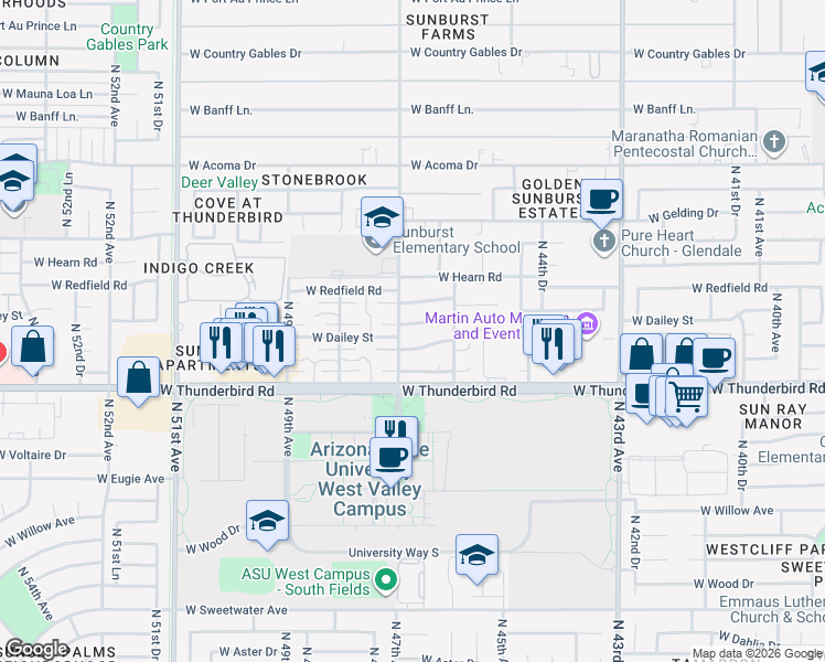 map of restaurants, bars, coffee shops, grocery stores, and more near 4640 West Calavar Road in Glendale