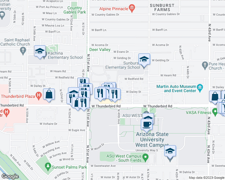 map of restaurants, bars, coffee shops, grocery stores, and more near 14002 North 49th Avenue in Glendale