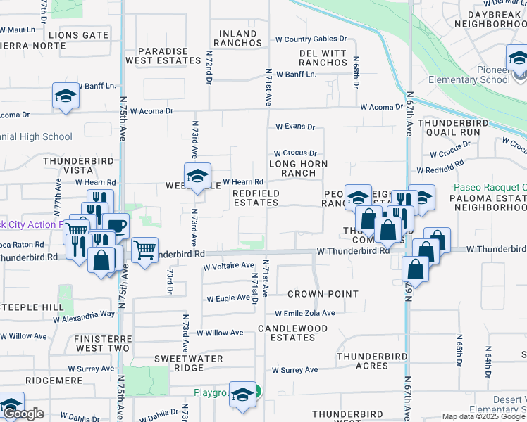 map of restaurants, bars, coffee shops, grocery stores, and more near 7131 West Ludlow Drive in Peoria