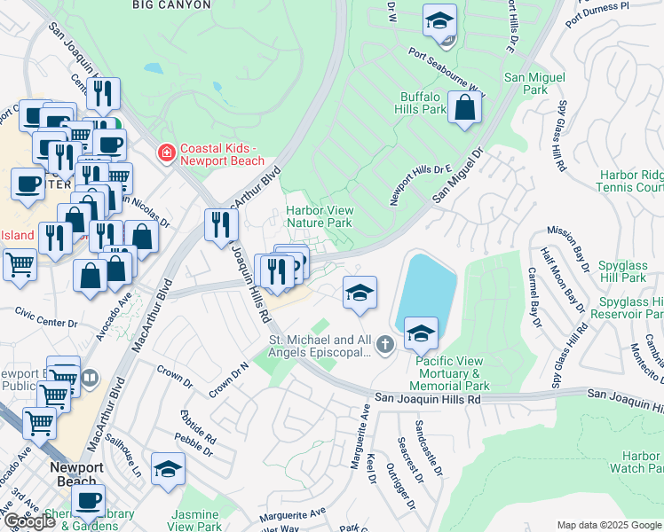 map of restaurants, bars, coffee shops, grocery stores, and more near in Newport Beach