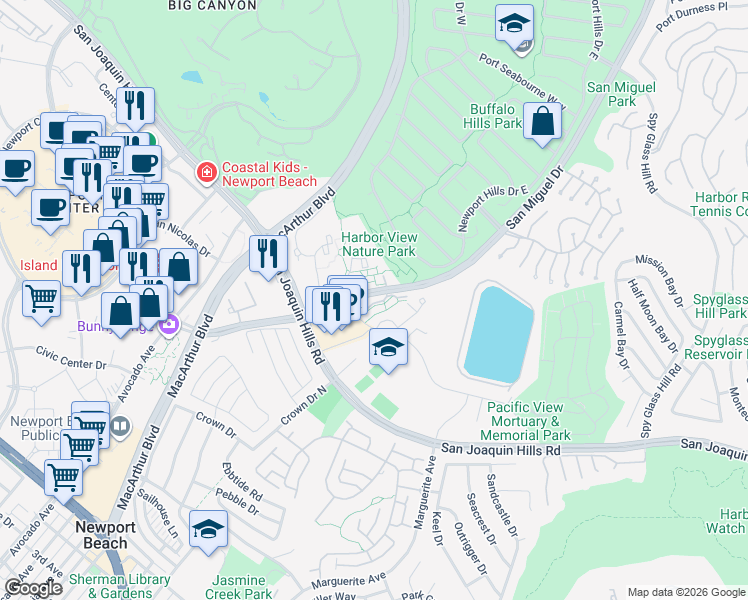 map of restaurants, bars, coffee shops, grocery stores, and more near 202 Harbor Woods Place in Newport Beach