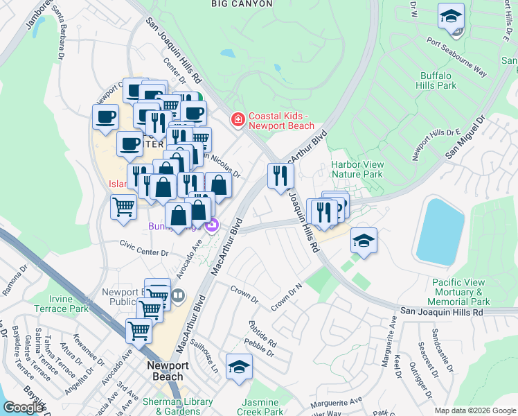 map of restaurants, bars, coffee shops, grocery stores, and more near 7 Harbor Pointe Drive in Newport Beach