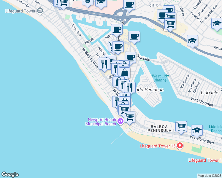 map of restaurants, bars, coffee shops, grocery stores, and more near 106 28th Street in Newport Beach