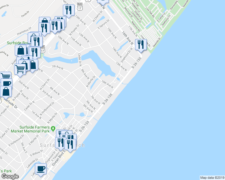 map of restaurants, bars, coffee shops, grocery stores, and more near 911 North Ocean Boulevard in Surfside Beach