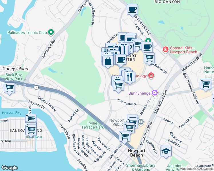 map of restaurants, bars, coffee shops, grocery stores, and more near 1120 Granville Drive in Newport Beach