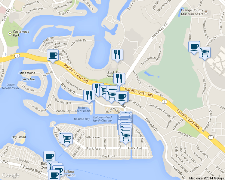 map of restaurants, bars, coffee shops, grocery stores, and more near 509 Promontory Drive East in Newport Beach