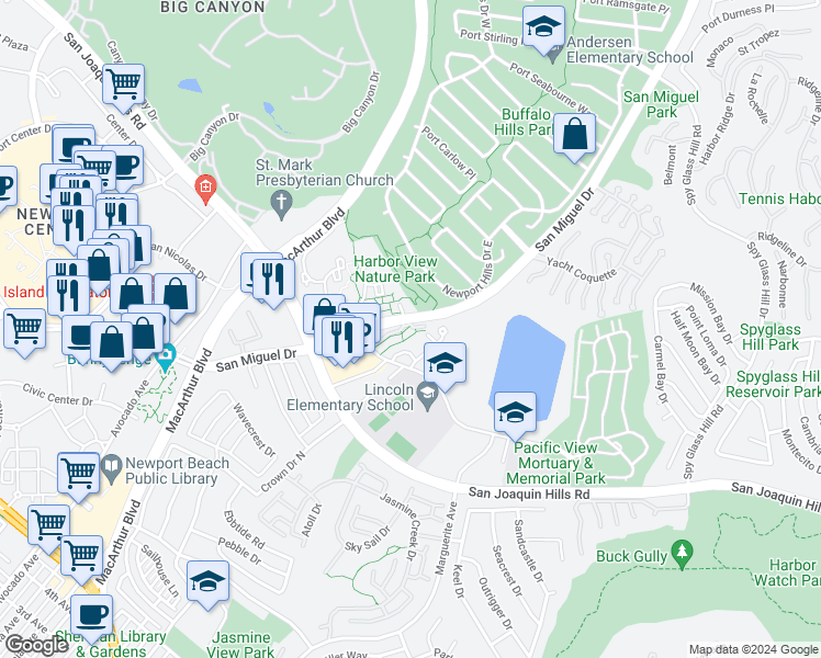 map of restaurants, bars, coffee shops, grocery stores, and more near 500 Harbor Woods Place in Newport Beach