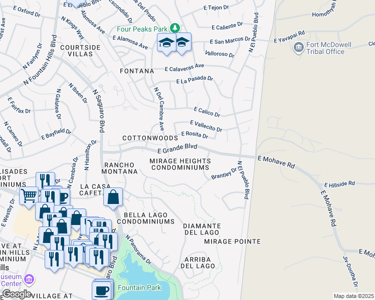 map of restaurants, bars, coffee shops, grocery stores, and more near 17247 East Grande Boulevard in Fountain Hills
