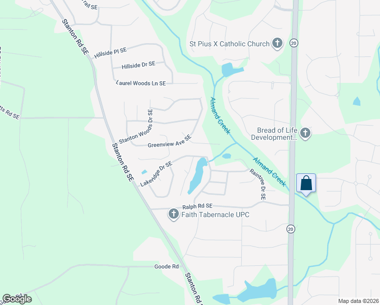 map of restaurants, bars, coffee shops, grocery stores, and more near 684 Lakeridge Drive Southeast in Conyers
