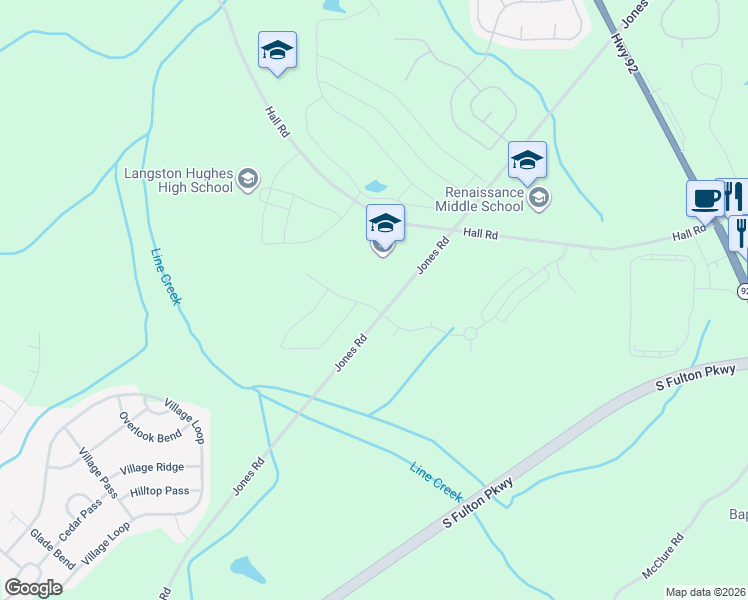 map of restaurants, bars, coffee shops, grocery stores, and more near 6555-6603 Jones Road in Fairburn