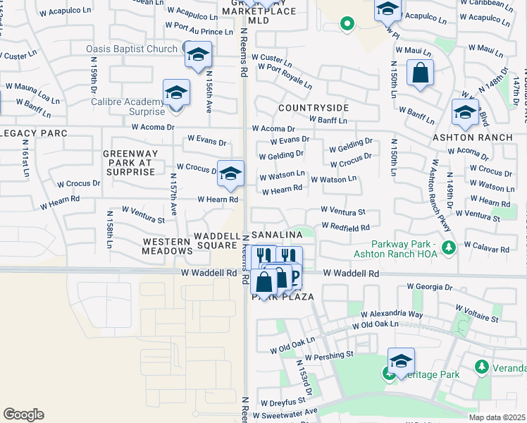 map of restaurants, bars, coffee shops, grocery stores, and more near 15469 West Ventura Street in Surprise