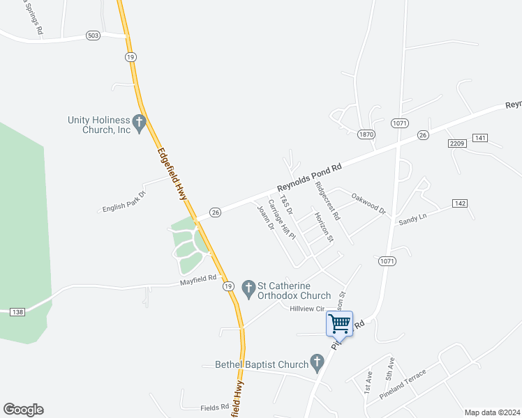 map of restaurants, bars, coffee shops, grocery stores, and more near 36 Joann Drive in Aiken