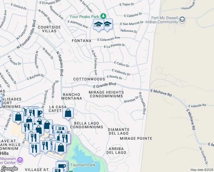 map of restaurants, bars, coffee shops, grocery stores, and more near 17131 East Grande Boulevard in Fountain Hills