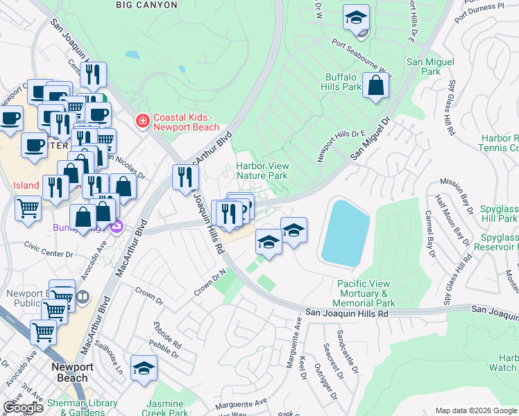 map of restaurants, bars, coffee shops, grocery stores, and more near 202 Harbor Woods Place in Newport Beach