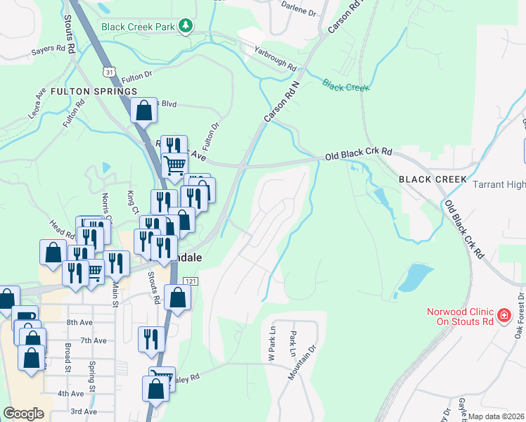 map of restaurants, bars, coffee shops, grocery stores, and more near 521 Reading Ln in Fultondale