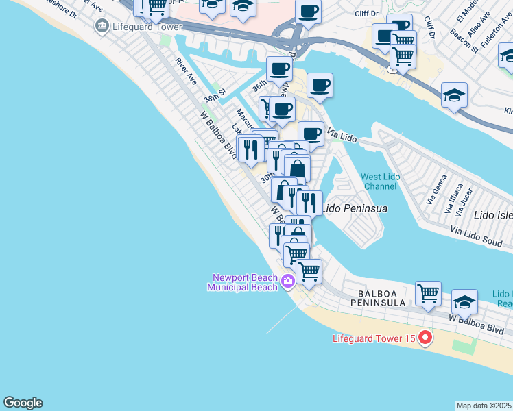 map of restaurants, bars, coffee shops, grocery stores, and more near 114 California 1 in Huntington Beach