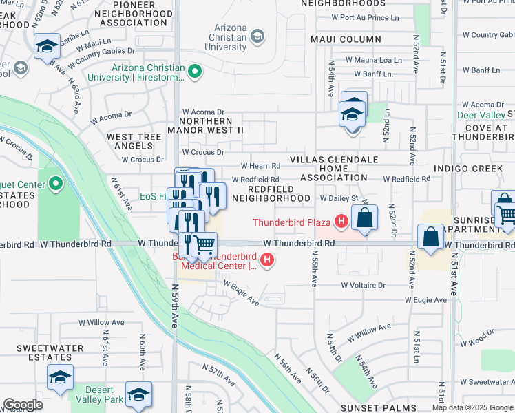 map of restaurants, bars, coffee shops, grocery stores, and more near 5620 West Thunderbird Road in Glendale