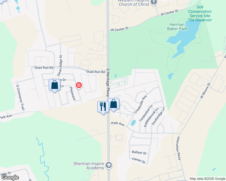 map of restaurants, bars, coffee shops, grocery stores, and more near 3726 Brookstone Drive in Sherman