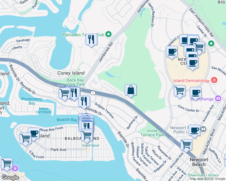map of restaurants, bars, coffee shops, grocery stores, and more near 1211 Bonnie Doone Terrace in Newport Beach