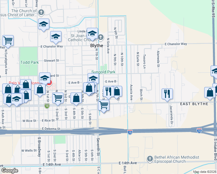 map of restaurants, bars, coffee shops, grocery stores, and more near 927 East Murphy Street in Blythe