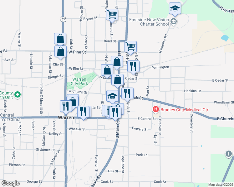 map of restaurants, bars, coffee shops, grocery stores, and more near 236 South Main Street in Warren