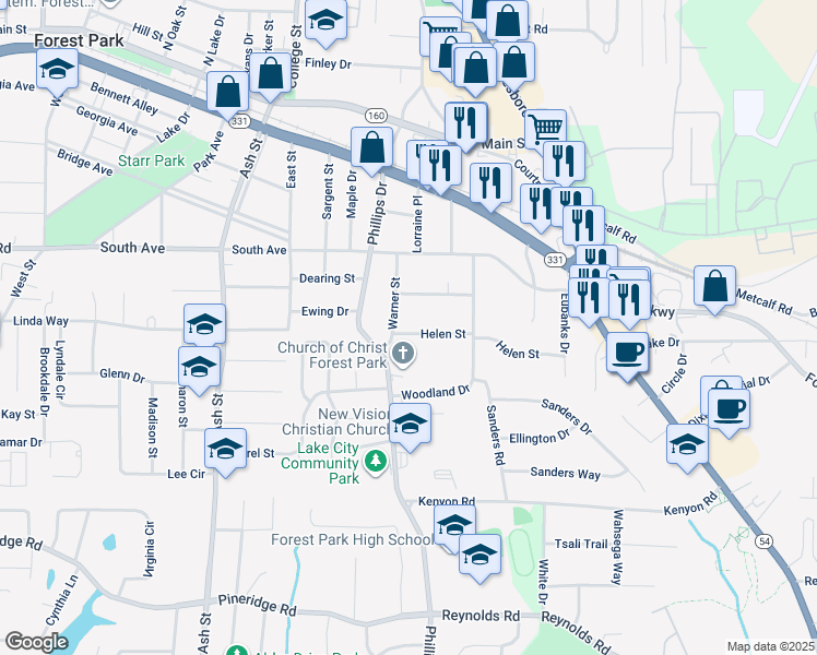 map of restaurants, bars, coffee shops, grocery stores, and more near 1042 Helen Street in Forest Park