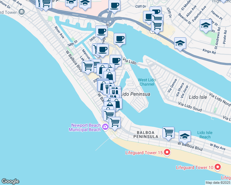 map of restaurants, bars, coffee shops, grocery stores, and more near 2700 Newport Boulevard in Newport Beach
