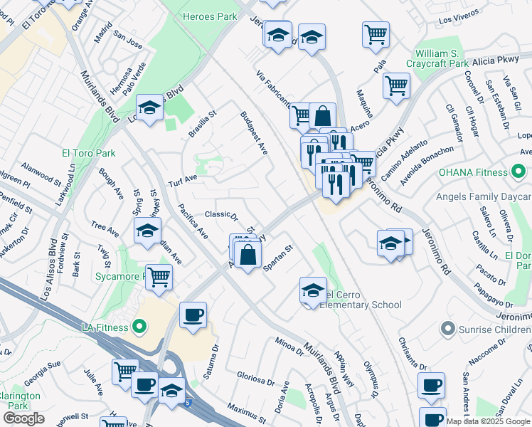 map of restaurants, bars, coffee shops, grocery stores, and more near 25581 Althea Avenue in Mission Viejo