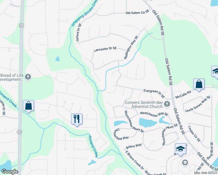 map of restaurants, bars, coffee shops, grocery stores, and more near 2079 Evergreen Drive Southeast in Conyers