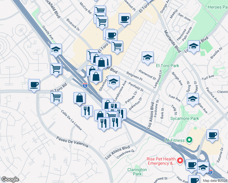 map of restaurants, bars, coffee shops, grocery stores, and more near 24092 Gemwood Drive in Lake Forest