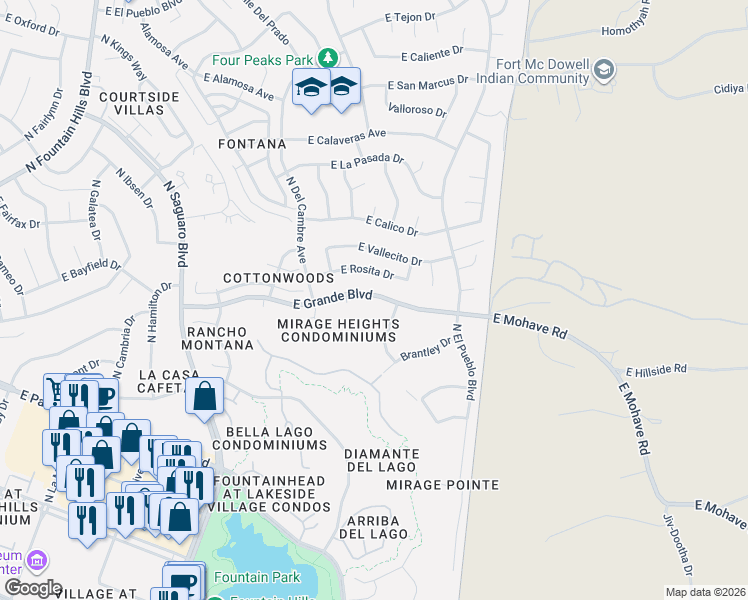 map of restaurants, bars, coffee shops, grocery stores, and more near 13808 North Arroweed Drive in Fountain Hills