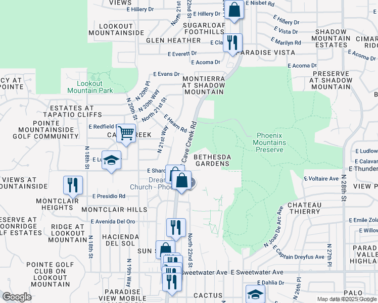 map of restaurants, bars, coffee shops, grocery stores, and more near 13811 North Cave Creek Road in Phoenix