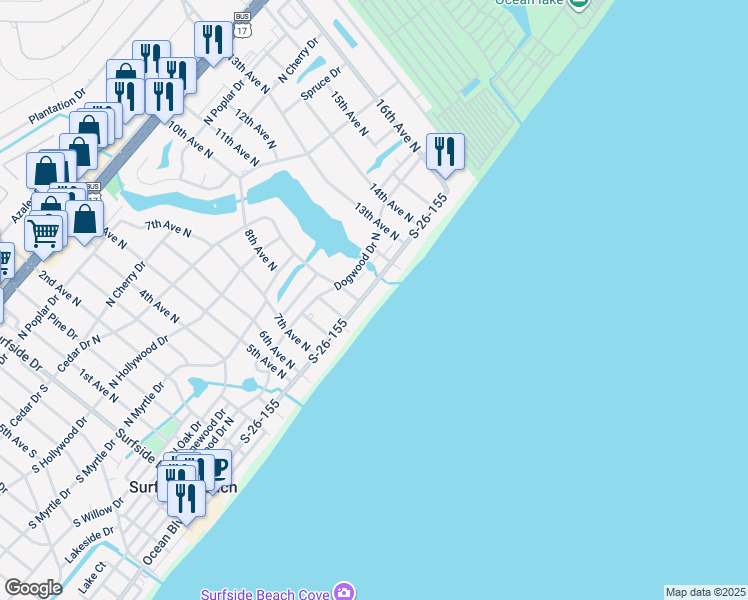 map of restaurants, bars, coffee shops, grocery stores, and more near 917B North Ocean Boulevard in Surfside Beach