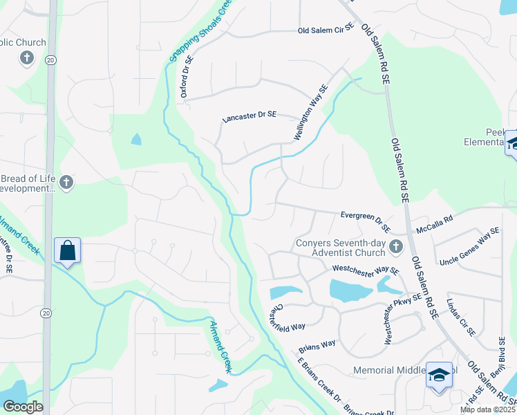 map of restaurants, bars, coffee shops, grocery stores, and more near 2079 Evergreen Drive Southeast in Conyers