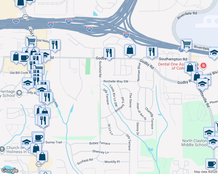 map of restaurants, bars, coffee shops, grocery stores, and more near 5225 Louis Xiv Lane Southwest in College Park
