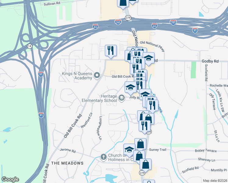 map of restaurants, bars, coffee shops, grocery stores, and more near 2650 Dunmoreland Terrace in College Park