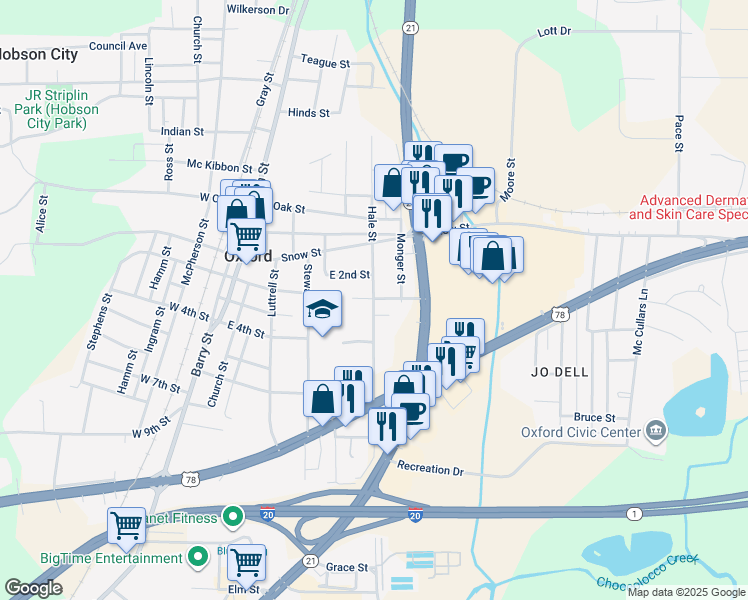 map of restaurants, bars, coffee shops, grocery stores, and more near 751 Hale Street in Oxford