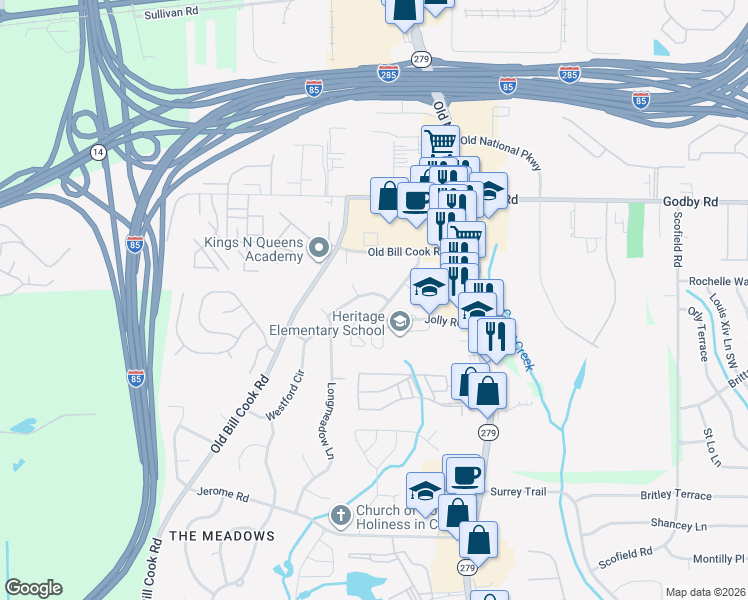 map of restaurants, bars, coffee shops, grocery stores, and more near 2650 Dunmoreland Terrace in College Park